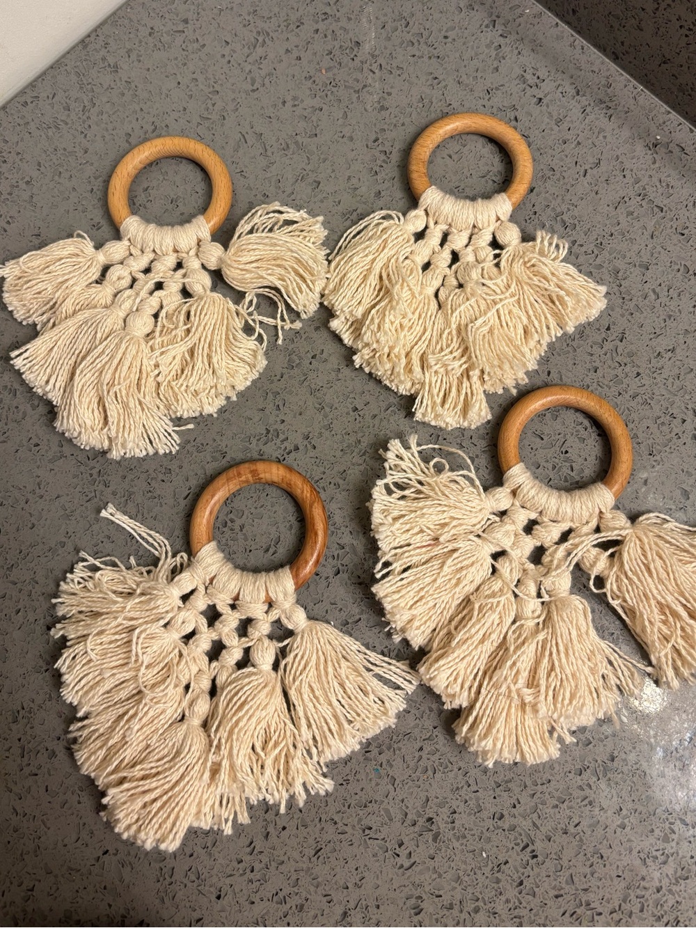 Handmade Cream Macramé Napkin Rings with Wooden Rings - Set of 4